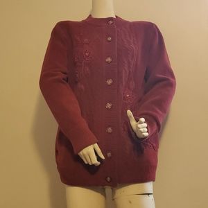 EVC Vintage 80/90s "Reflect" Lined Cranberry Cardigan with Knit Applique